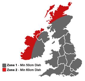 Sky & Freesat Signal Zones And Dish Sizes Required