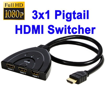 HDMI Adaptor 3 To 1 Pigtail Auto Switcher Full 1080P Gold Plated